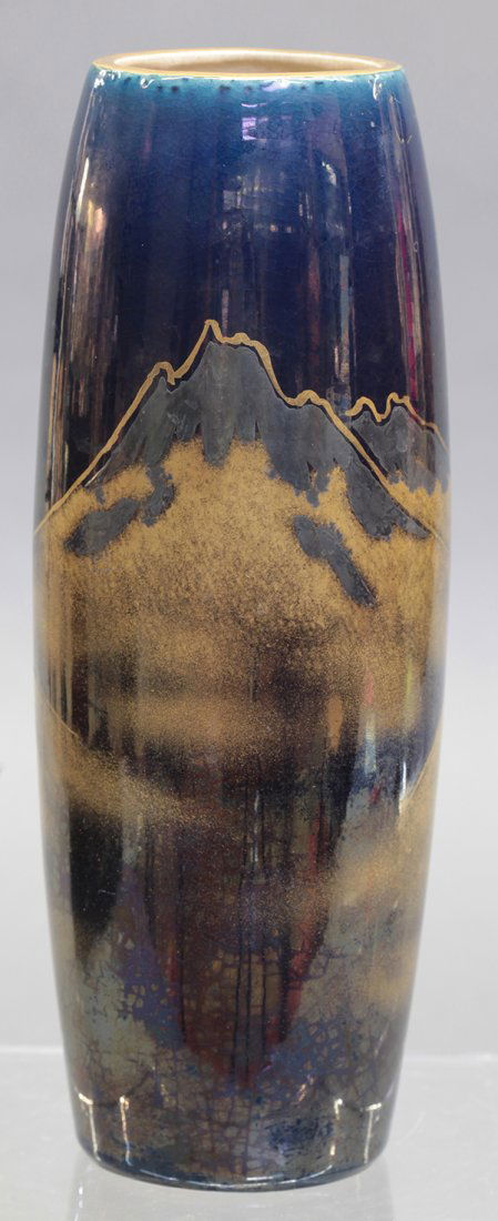 Japanese Gilt Blue Ground Vase: Japanese Kutani earthenware vase, the tall slender body with a gilt mountain set against a cobalt ground, the recess marked Kutani [Kozan], 9.75"h
