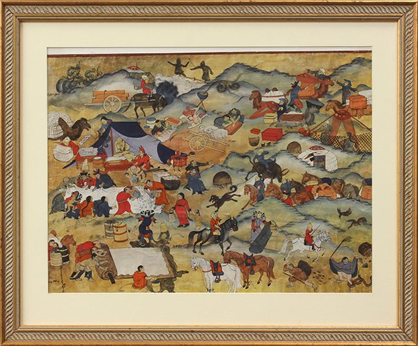 Mongolian Painting, Nomadic Scene: Mongolian painting, Nomadic Community, ink and color on paper, the lower left signed, overall (frame): 25.25"h x 30"w