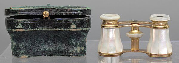 Lemaire Paris mother of pearl and brass opera glasses: Lemaire Paris mother of pearl and brass opera glasses in case, 2.5"h x 4"w x 1.75"d overall