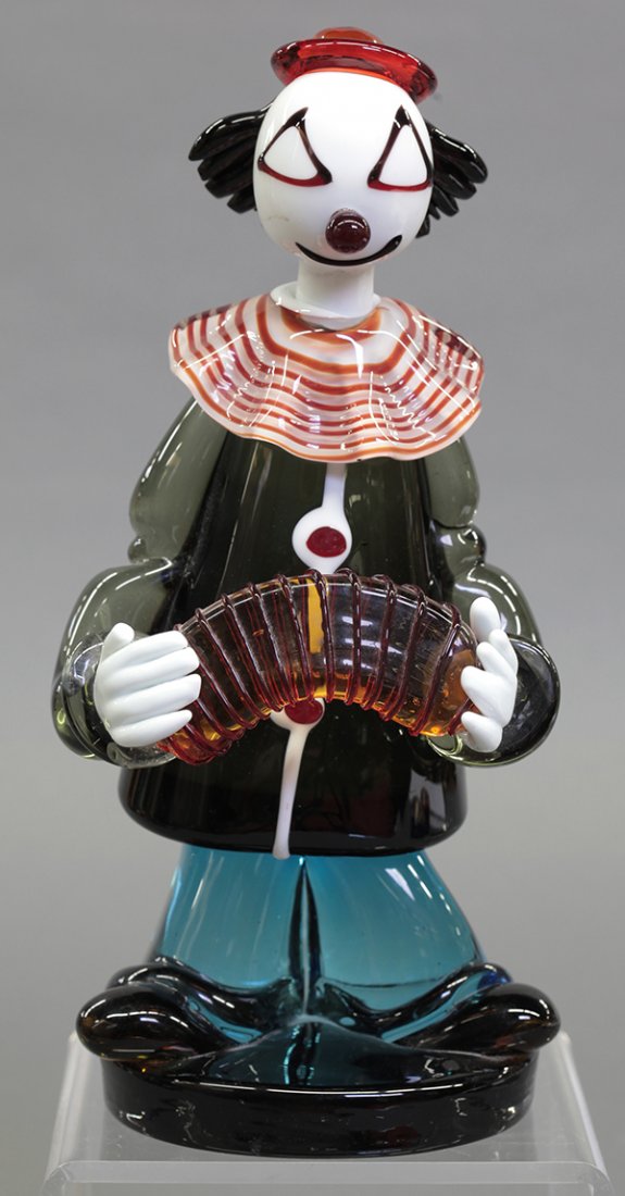 Murano blown glass clown figure playing the accordian: Murano blown glass clown figure playing the accordian, 12"h