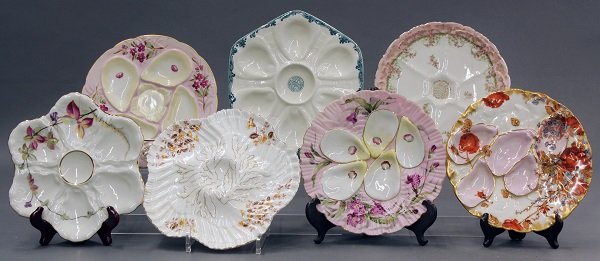 Continental and American oyster plates: (lot of 8) Continental and American, 19th century, oyster plates including a Massocks American China plate marked for the "Southern Pacific Company Sunset CGden & Shasta Routes, " as well as plates wi