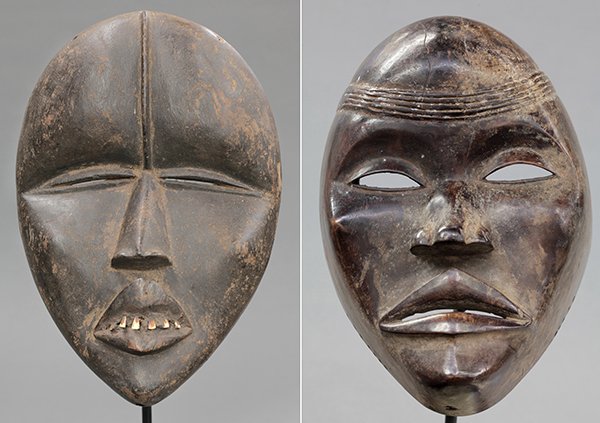 Igbo and Dan Societies carved masks: (lot of 3) West African carved masks consisting of an Igbo people, Nigeria, authentic old ceremonial dance mask elaborately carved with many planes and protrusions, back shows patina of extensive use;