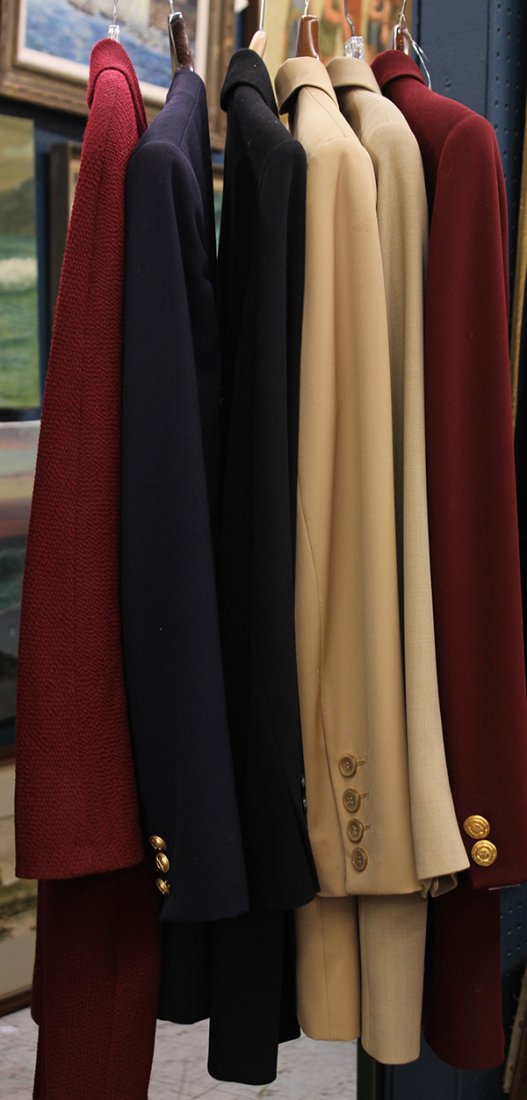 Designer skirts suits: (lot of 6) Escada Elements and Margaretha Ley skirt suits in dark red, beige, and tan, including double breasted, notch, and peak lapel styles, each garment fully lined, sizes 38, 40; together with Ch