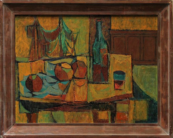 Painting, American School, Cubist Still Life: American School (20th century), Cubist Still Life, oil on board, unsigned, overall (with frame): 24"h x 30.25"w
