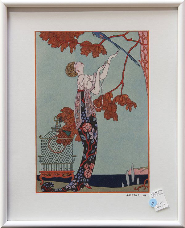 Print, After Georges Barbier, L'Oiseau Volage: After Georges Barbier (French, 1882-1932), L'Oiseau Volage, 1914, pochoir-coloured plate, published by the Victoria and Albert Museum, overall (with frame): 21"h x 17"w