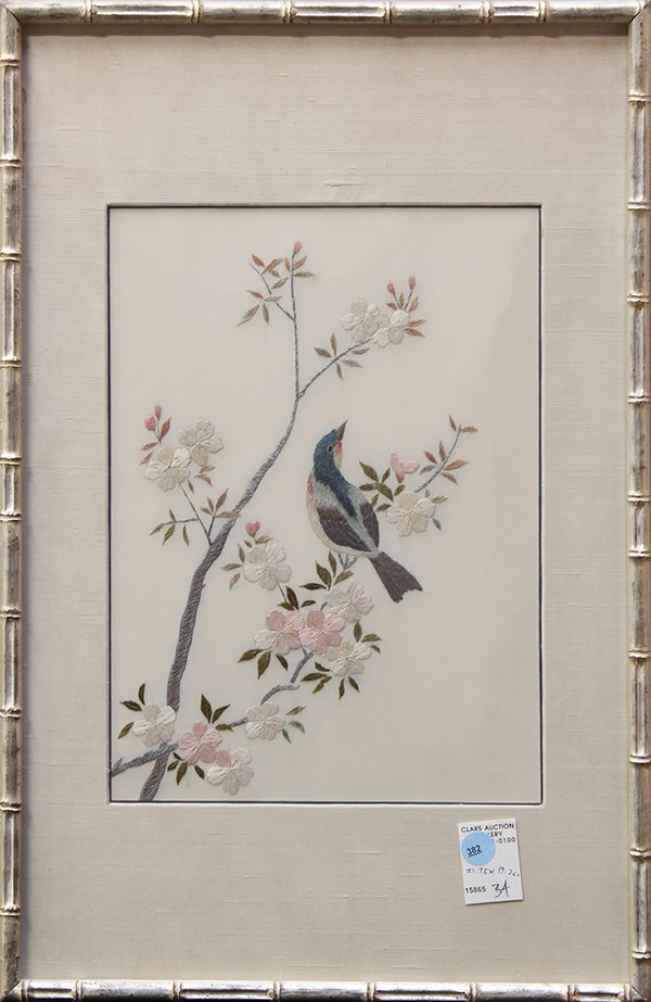 American School, "Bird on Blossoms," needlepoint: American School, "Bird on Blossoms," needlepoint, unsigned, overall (with frame): 21.75 x 14.25