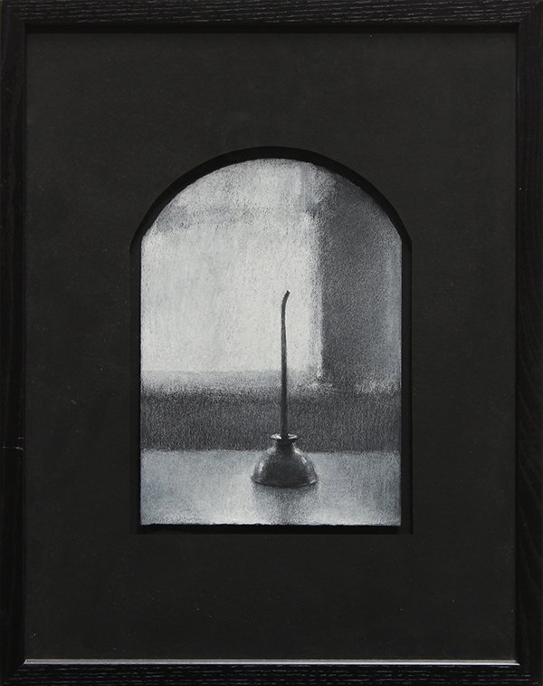 Drawing, Fred Dolkey, Oil Can with Arch, 2002: Fredric Dalkey (Californian, b.1943), "Oil Can with Arch," 2002, white conte on arched black paper, gallery label (Paul Thiebaud Gallery, San Francisco) affixed verso, overall: 19.25"h x 15.25"w. Prov