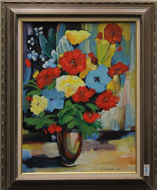 Painting, Still Life with Flowers, 1963: Still Life with Flowers, 1963, oil on canvas, signed and dated "J. Walker '63" lower right, overall: 30.5"h x 24.25"w
