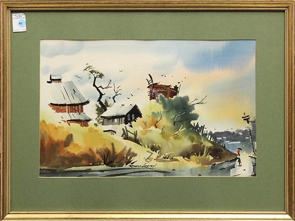 Watercolor by Robert Landry: Robert Landry (Californian, 1921-1991), Figure Walking Along a Road in the Rain, watercolor, signed lower center, overall: 21.5"h x 28.25"w