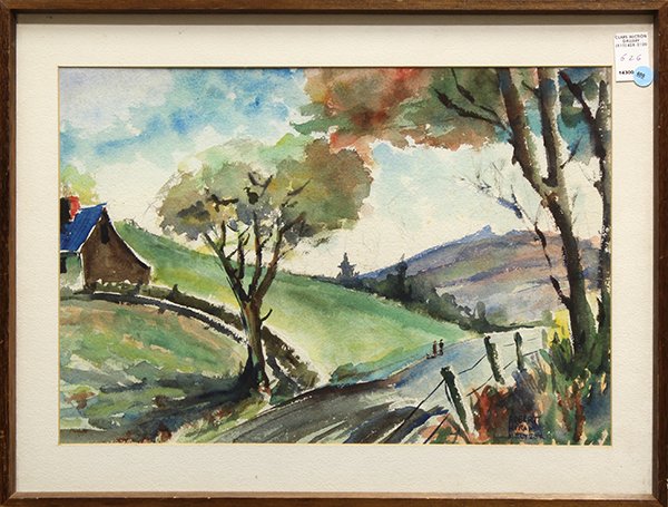 Watercolor, by Robert Hiram Meltzer: Robert Hiram Meltzer (Californian, 1921-987), Figures Walking Along the Road, watercolor, signed lower right, overall: 19.25"h x 25"w