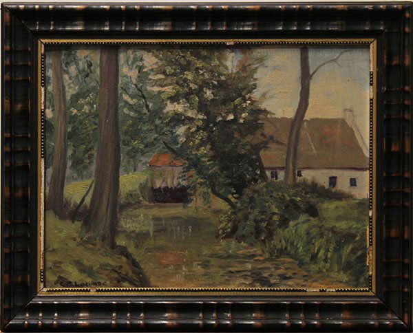 Painting, Manner of Lorenzo Palmer Latimer: Manner of Lorenzo Palmer Latimer (Californian, 1857-1941), Landscape with Stream by a Farm, oil on board, bears signature lower left, overall: 14.25"h x 17.75"w