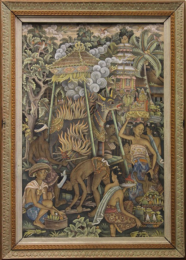Painting, Balinese School (20th century), Village Scene: Balinese School (20th century), Village Scene, oil on canvas, signed indistinctly "GST.PT.ARKA" lower left, overall (with frame): 33"h x 23.75"w