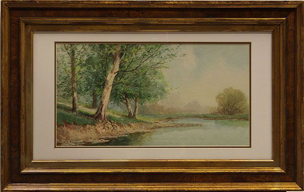 Manner of Lorenzo Latimer, Landscape with Stream,: Manner of Lorenzo Palmer Latimer, Landscape with Stream, watercolor, bears signature lower left, overall (with frame): 17.5"h x 27.75"w