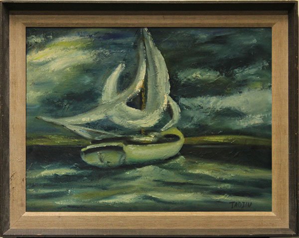 Painting, Before the Storm, 1965: "Before the Storm," 1965, oil on canvas board, titled and signed and dated "T. Kowalski '1965" verso, signed "Tadjiu" lower right, overall: 22.25"h x 28.25"w