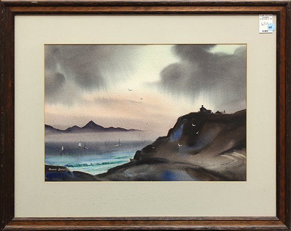 Watercolor by Robert Landry: Robert Landry (Californian, 1921-1991), Approaching Storm on the Coast, watercolor, signed lower left, overall: 22.25"h x 27.25"w