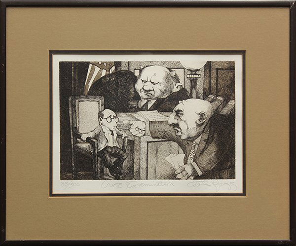 Print, Charles Bragg, Cross Examination: Charles Bragg (Californian, b.1931), "Cross Examination," etching, signed in pencil lower right, edition 83/300, titled lower center, overall: 12.5"h x 14.75"w