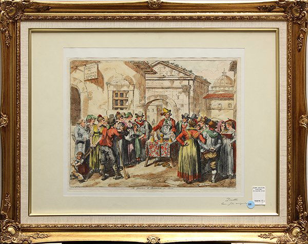 Print, Bartolomeo Pinelli, Il Giocatore di Bussolotti: Bartolomeo Pinelli (Italian, 1781-1835), "Il Giocatore di Bussolotti in Roma," 1821, hand-colored engraving, plate signed lower left, overall (with frame): 23.5"h x 29.25"w