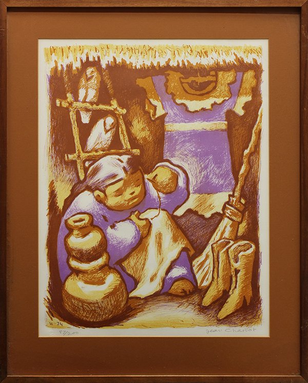Print, Jean Charlot, Figure Sewing: Jean Charlot (American/French, 1898-1979), Figure Sewing, color lithograph, pencil signed lower right, from an edition of 200, overall (with frame): 29"h x 23.5"w