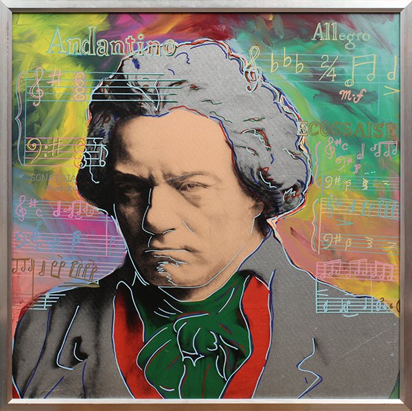 Print, Steve Kaufman, Beethoven (Silver): Steve Kaufman (American, 1960-2010), "Beethoven (silver)" color silkscreen, signed "SAK" verso, from an edition of 175, Martin Lawrence Gallery label verso, sight: 35.5"h x 35.5"w, overall: 37.75"h x