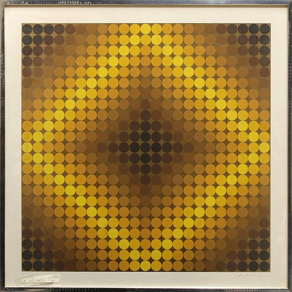 Print, Victor Vasarely, Diaf Neg: Victor Vasarely (French/Hungarian, 1906-1997), "Diaf Neg. (Gold, Brown, Yellow), pencil signed lower right, from an edition of 200, title label affixed verso, overall (with frame): 23.75"h x 23.75"w.