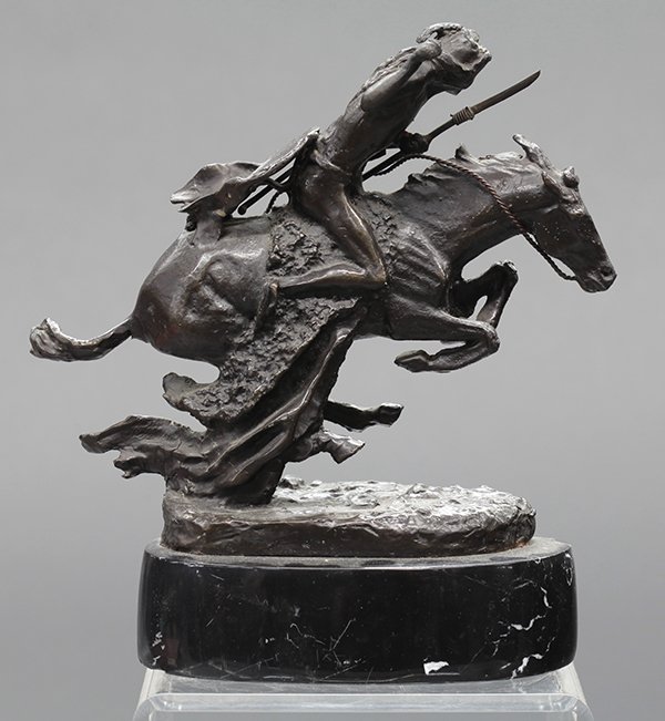 Bronze Sculpture, After Frederic Remington, Cheyenne: After Frederic Remington (American, 1861-1909), "Cheyenne," bronze sculpture atop a marble base, signed "OASB" on base, Overall: 9"h x 8"w x 3"d