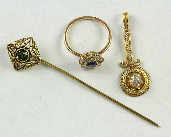 Yellow gold sapphire ring lavalier diamond pendant: (Lot of 3) Victorian gemstone accented jewelry items including one 14K yellow gold ring, set with one oval cut blue sapphire weighing approximately 0.27 ct, encircled by eight old mine cut diamonds we