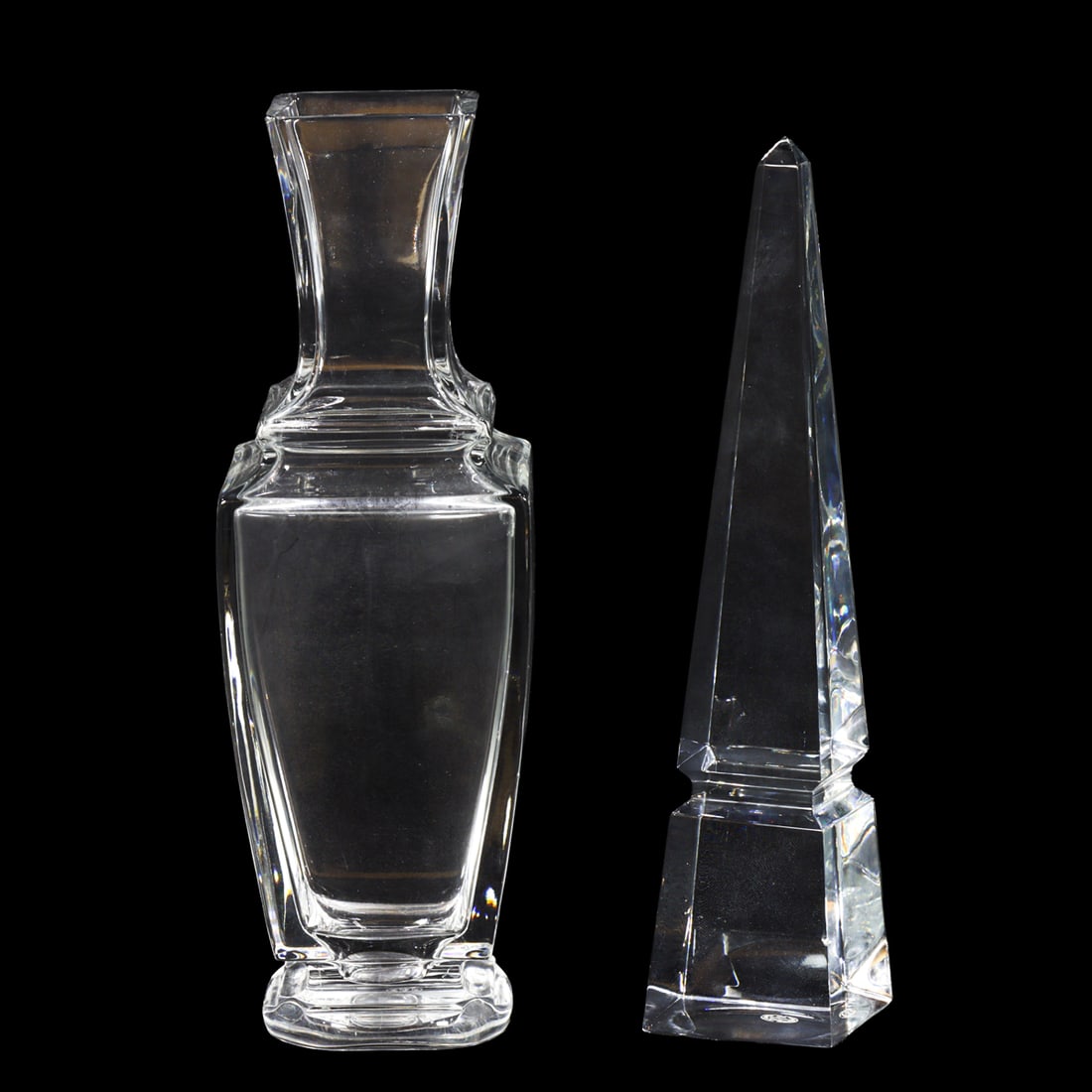 A Baccarat glass vase and obelisk: A Baccarat glass vase and obelisk, each with acid etched factory mark, 10"h and 10.25"h. Provenance: The Estate of Senator Dianne Feinstein (1933?2023) and Richard C. Blum (1935?2022)