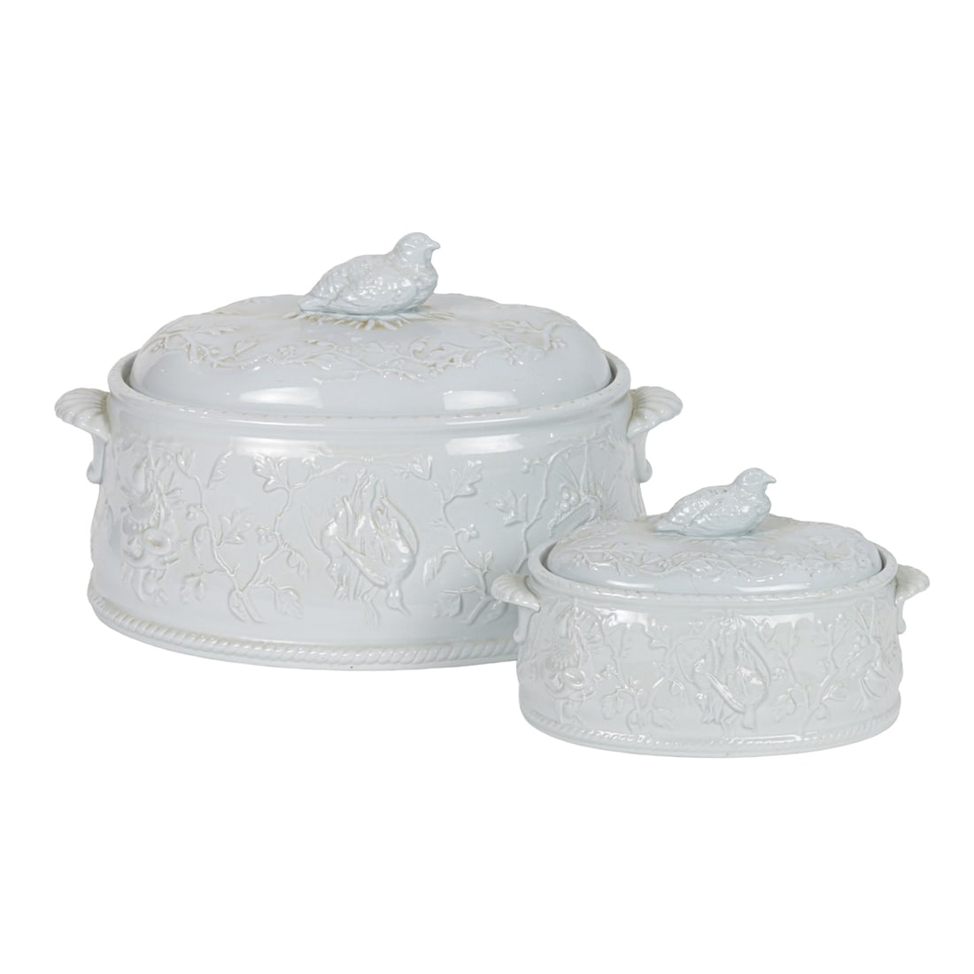 A graduated pair of Spode Alenite ware tureens: A graduated pair of Spode Alenite ware tureens, mid-20th century, each decorated with game birds and branches, greatest 14"l. Provenance: The Estate of Senator Dianne Feinstein (1933?2023) and Richard