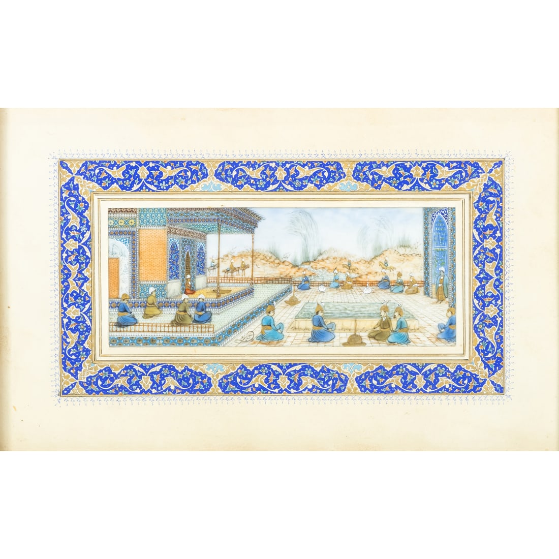 A Persian miniature painting by H. Ali Sajjadi: A Persian miniature painting by H. Ali Sajjadi, depicting a traditional court scene within a khatam-kari mosaic frame, overall 7.75"h x 10.5"w. Provenance: The Estate of Senator Dianne Feinstein (1933
