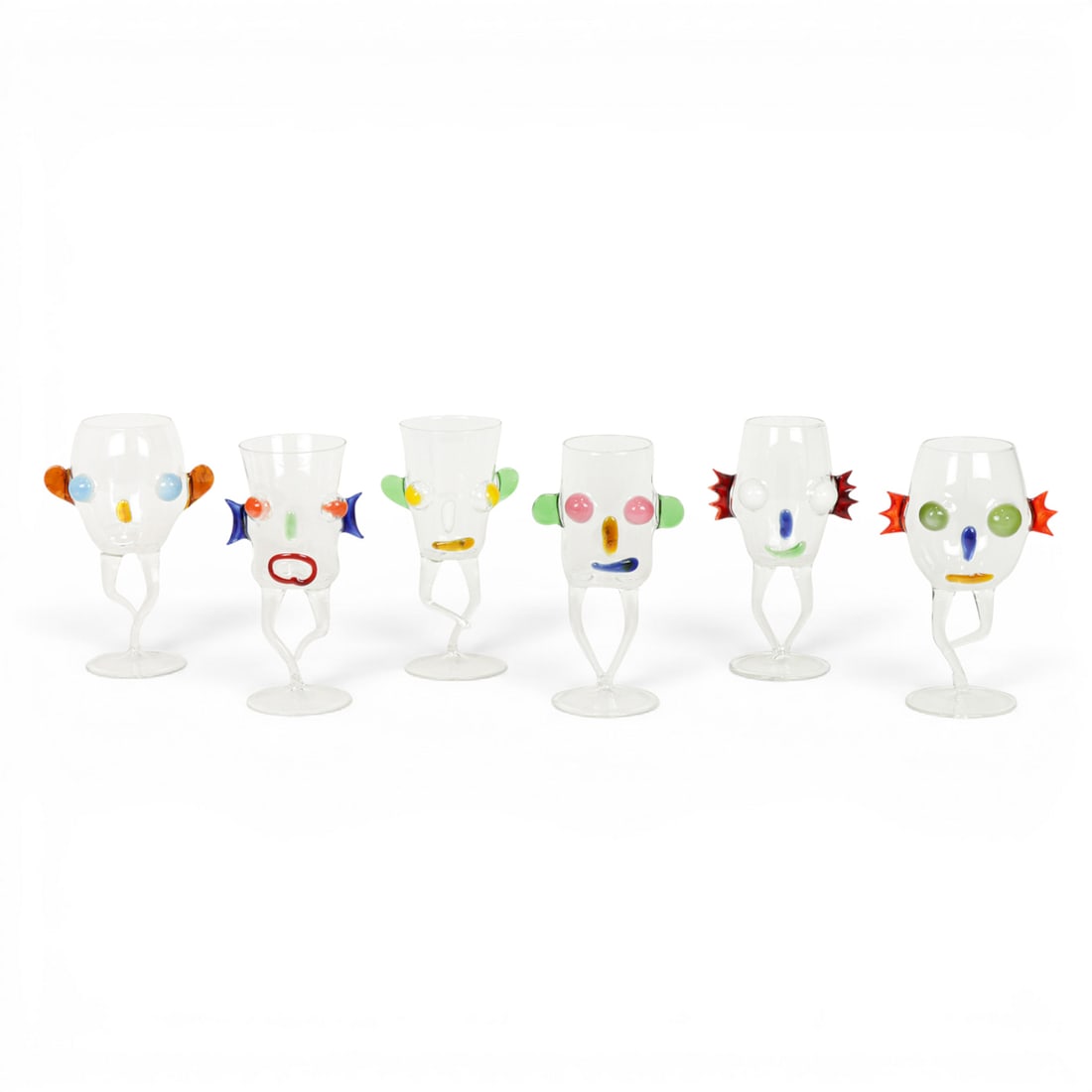 A set of six Massimo Lunardon glass Blue Face drinking glasses: A set of six Massimo Lunardon glass Blue Face drinking glasses, each with engraved signature, 7.5"h. Provenance: The Estate of Senator Dianne Feinstein (1933?2023) and Richard C. Blum (1935?2022)