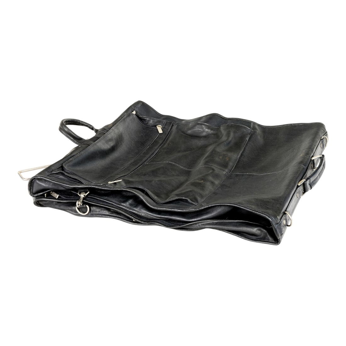 A black leather garment bag: A black leather garment bag, 23.5"h x 22"w x 6"d (folded); 47"h (open). Provenance: The Estate of Senator Dianne Feinstein (1933?2023) and Richard C. Blum (1935?2022)