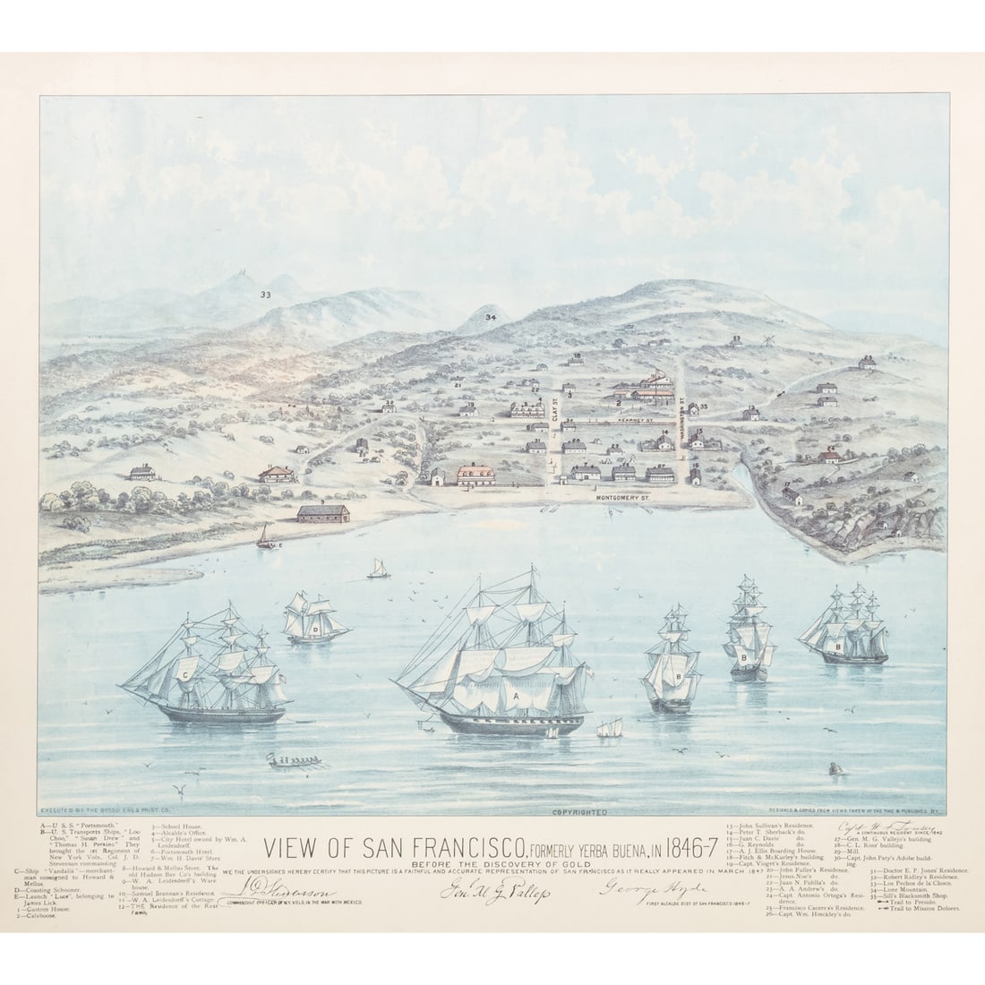 Two framed views of San Francisco: Two framed views of San Francisco, depicting the port in 1847 and aerial view circa 1987, framed: 31"h x 41"w; 22.5"h x 25"w. Provenance: The Estate of Senator Dianne Feinstein (1933?2023) and Richard