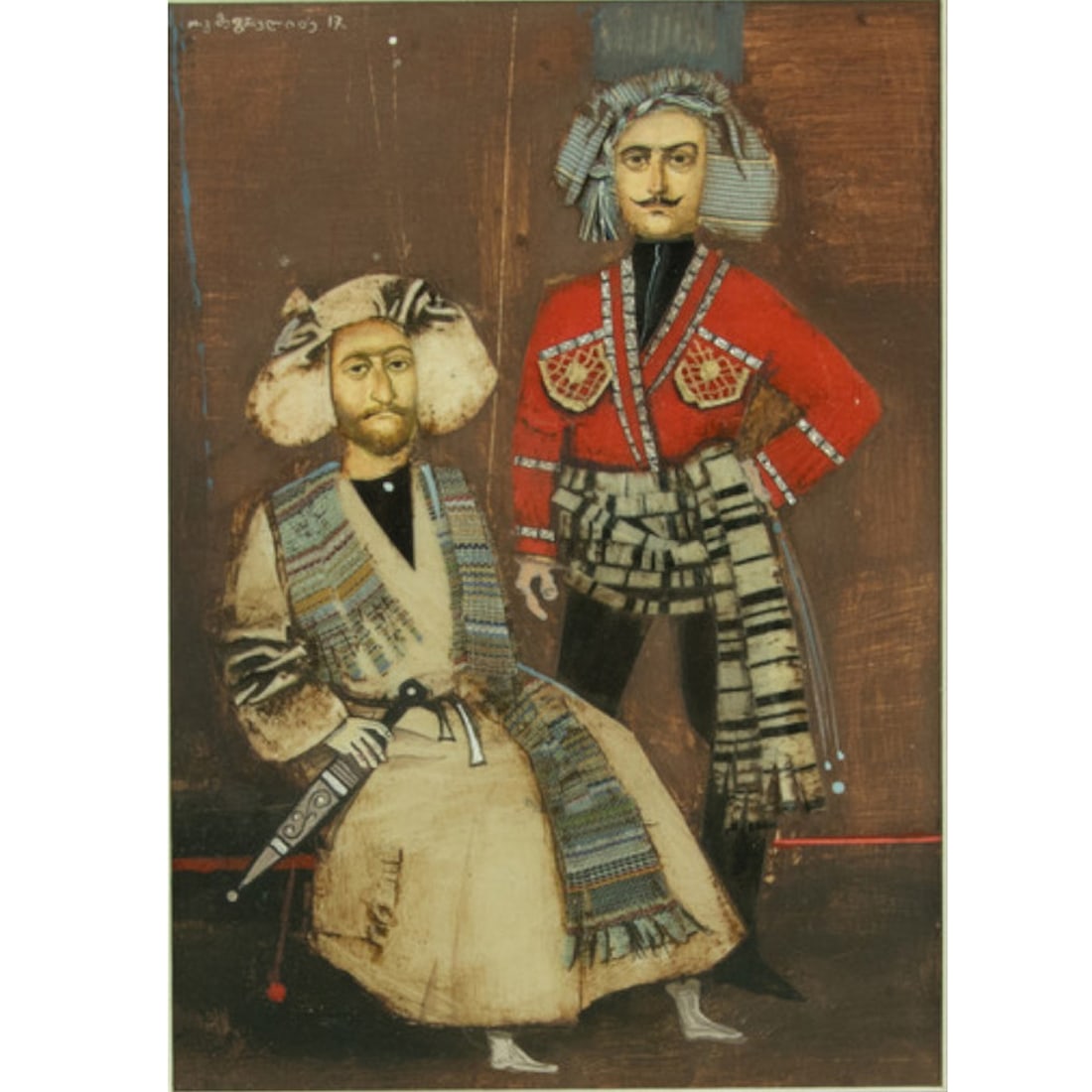 Giorgi (Gogi) Gegechkori, mixed media, dated 2017: A Contemporary Georgian mixed media portrait of two men, Giorgi (Gogi) Gegechkori, dated 2017, sight 9"h x 6.5"w, framed 14.5"h x 12"w. Provenance: The Estate of Senator Dianne Feinstein (1933?2023) a