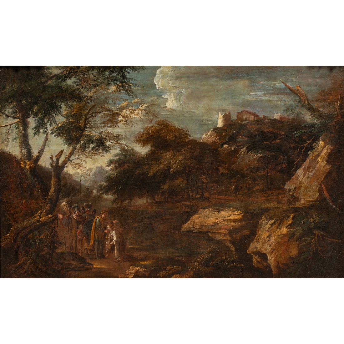 Painting, Attributed to Salvatore Rosa: Attributed to Salvatore Rosa (Italian, 1615-1673), Queen Zenobia of Syria Being Released from Her Chains, oil on canvas, label and wax seal verso, canvas: 24"h x 37.5"w, overall (with frame): 32"h x