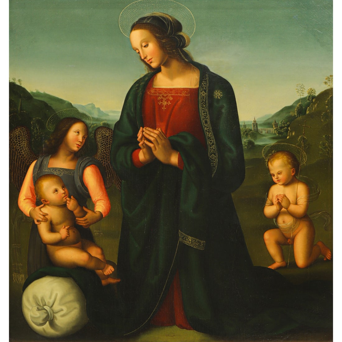 Painting, After Pietro Perugino: After Pietro Perugino (Italian, 1446-1523), "Madonna del Sacco," circa 19th century, oil on canvas, canvas: 37"h x 34.25"w, overall (with frame) : 47"h x 45"w