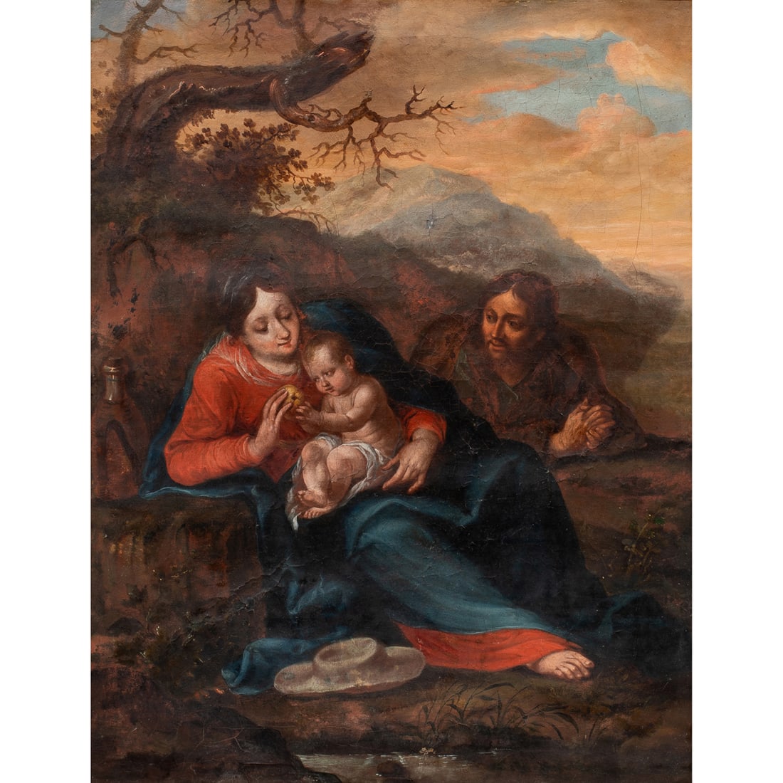 Painting, Italian School (17th century): Italian School (17th century), Rest on the Flight into Egypt, oil on canvas, unsigned, canvas: 20"h x 15.75"w, overall (with frame): 27.5"h x 23"w