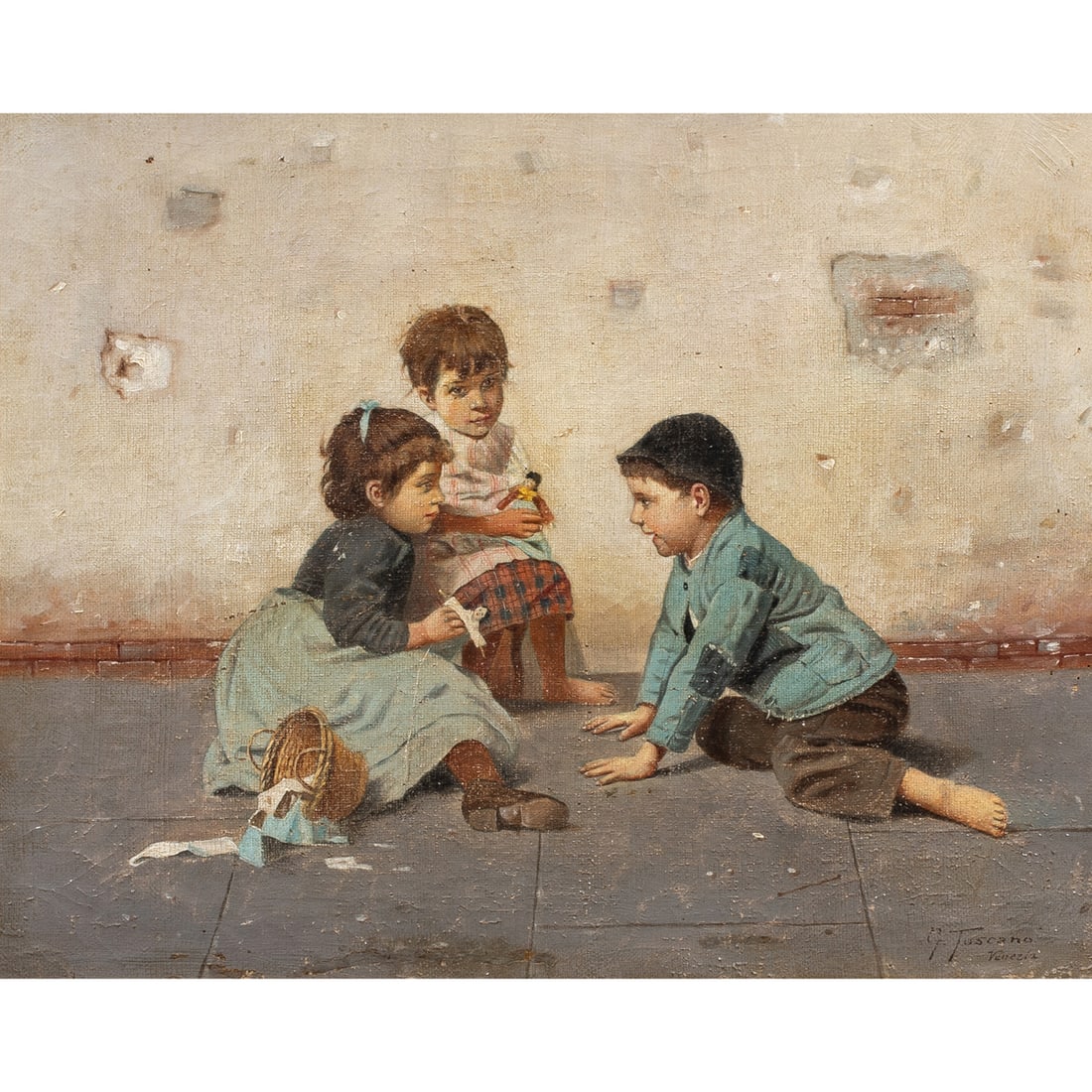 Painting, Giovanni Toscana: Giovanni Toscana (Italian, 1843-1924), The Young Doll Makers, oil on canvas, signed and inscribed 'Venice' lower right, canvas: 12.5"h x 15.75"w, overall (with frame): 22.5" x 25.25"w