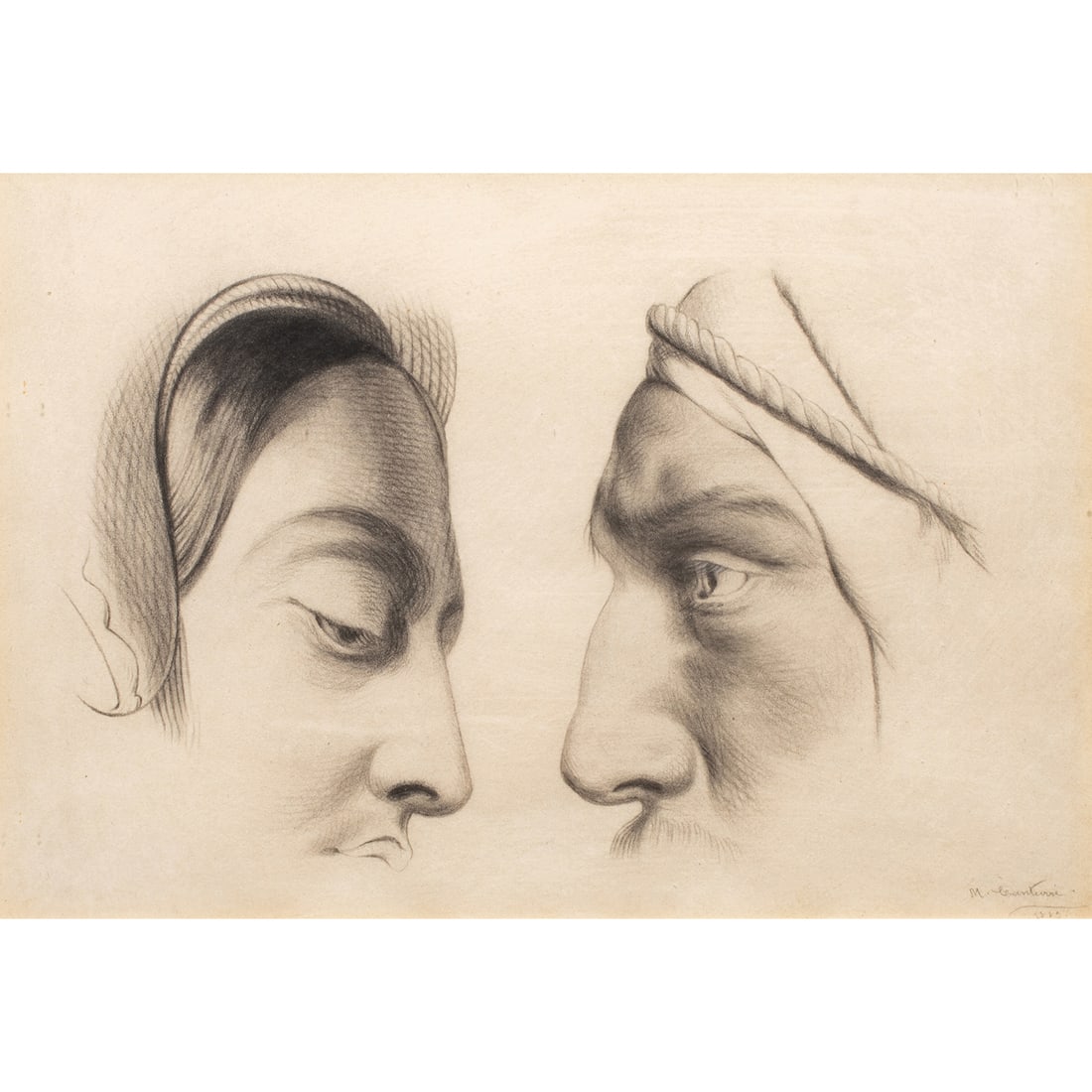Work on paper, Marcial Canturri Vilamala: Marcial Canturri Vilamala (Spanish, 1868-1948), Profile Study of a Man and a Woman in Moorish Costume, 1885, pencil on paper, signed and dated lower right, sight: 8"h x 12"w, overall (with frame):