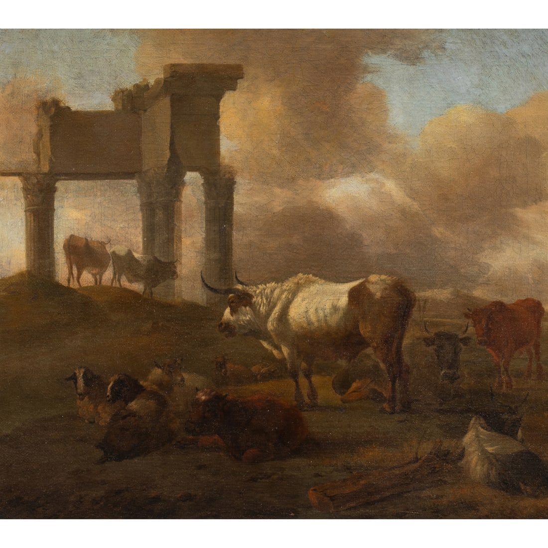 Painting, Circle of Nicholaes Berchem: Circle of Nicholaes Berchem (Dutch, 1620-1683), Cattle amongst Ruins, oil on canvas, unsigned, canvas: 16"h x 18"w, overall (with frame): 22"h x 23.75"w
