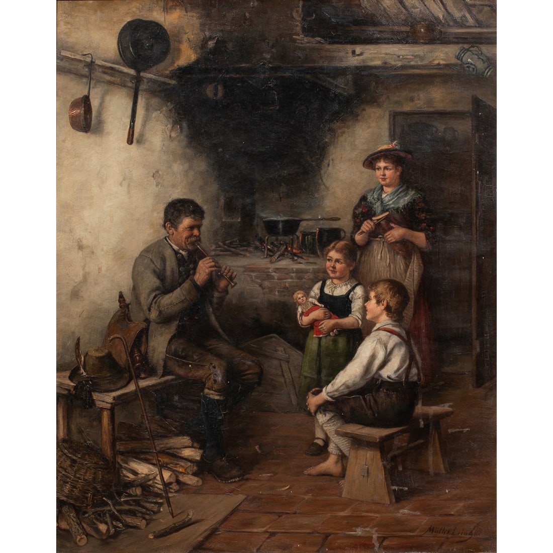 Painting, Albert Muller-Lingke: Albert Muller-Lingke (German, 1844-1930), The Flute Player, oil on canvas, signed lower right, canvas: 29"h x 24"w , overall (with frame): 43"h x 37.25"w