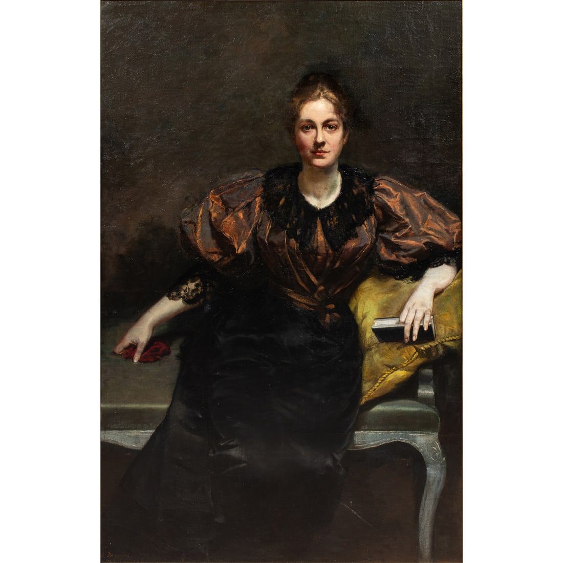Painting, Adolf Brogier: Adolf Brougier (German/American, 1870-1926), Portrait of a Lady (Thought to be the Mistress of Alfred Krupp), oil on canvas, signed lower left, canvas: 62"h x 39"w, overall (with frame): 68.5"h x