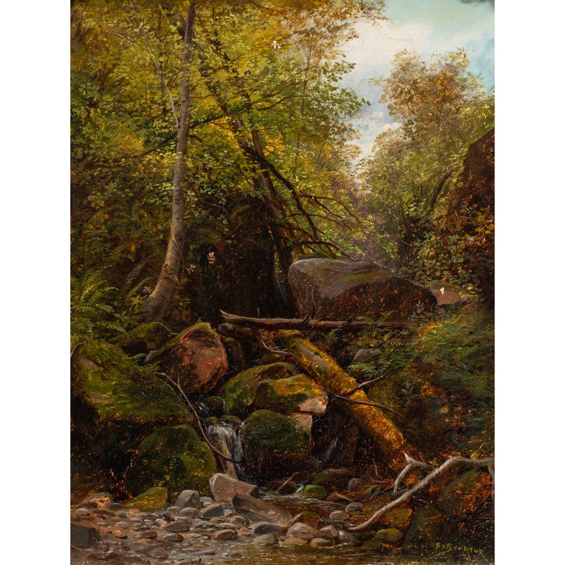 Painting, Attributed to Rosa Bonheur: Attributed to Rosa Bonheur (French, 1822-1899), Wooded Landscape with Stream, oil on canvas, bears signature lower right, indistinctly inscribed (possibly titled) verso, canvas: 16.5"h x 13"w,