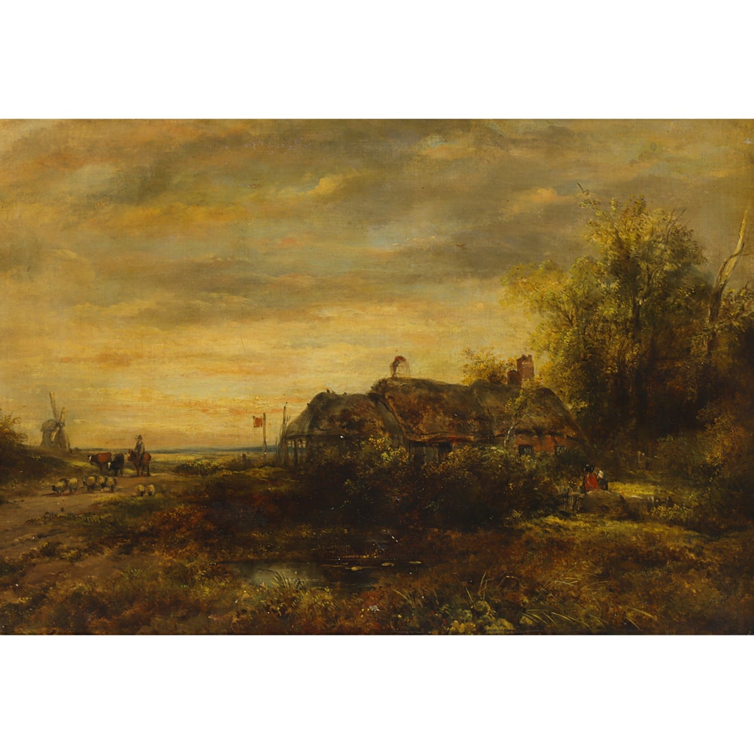 Painting, Frederick Waters Watts: Frederick Waters Watts (British, 1800-1862), Drovers with Cattle by a Thatched Farmhouse and Windmill at Dusk, oil on canvas laid down on masonite, initialed lower right, board: 19"h x 25"w, overall