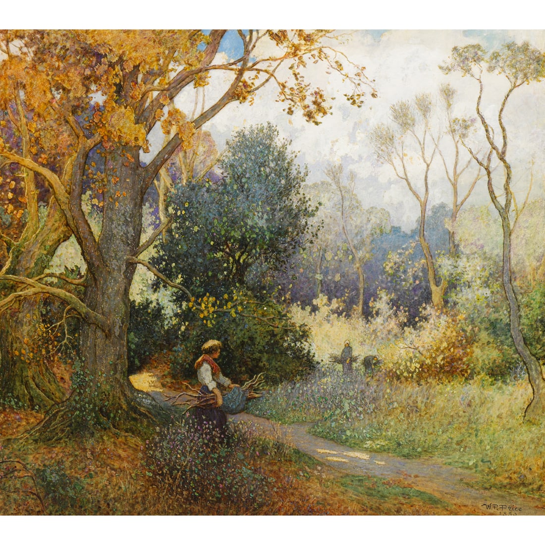 Painting, William Frederick Lake Price: William Frederick Lake Price (British, 1810-1896), Gathering Kindling in a Sunlit Woodland, 1850, mixed media on board, signed and dated lower right, canvas: 24"h x 26"w, overall (with frame):
