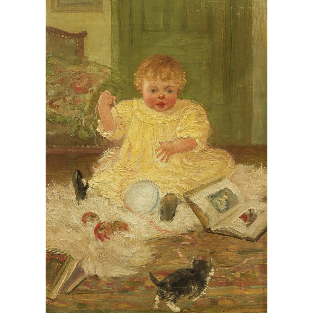 Painting, James Faulds: James Faulds (Scottish, Late 19th/Early 20th century), Young Girl with Kitten, oil on canvas, signed and dated upper right, canvas: 14"h x 10"w, overall (with frame): 19.25"h x 15.25"w