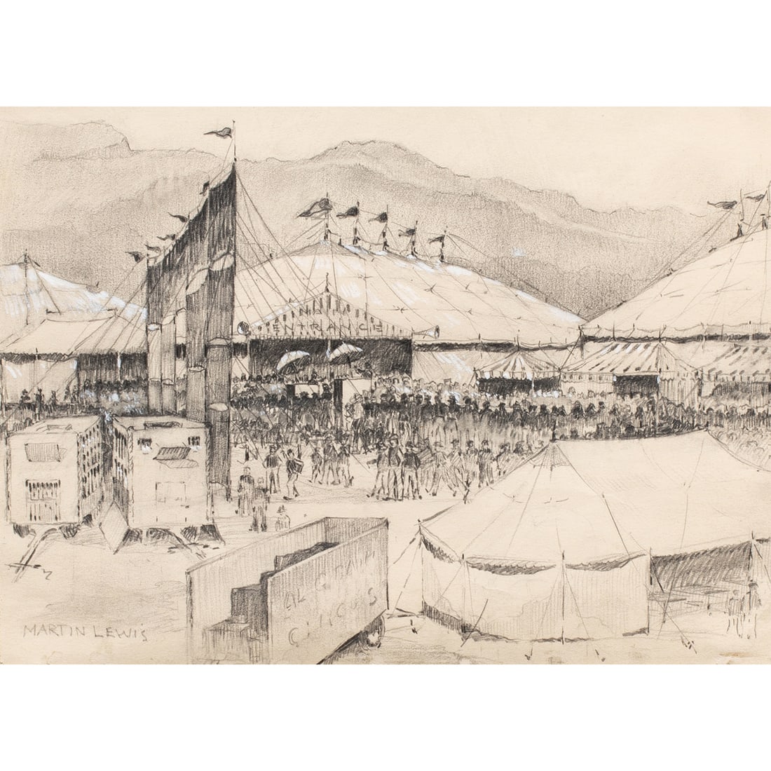 Work on paper, Martin Lewis: Martin Lewis (American, 1881-1962), Untitled (Study for Circus), pencil and gouache on paper, signed lower left, sight: 8.5"h x 11.5"w, overall (with frame): 18.25"h x 22.25"w