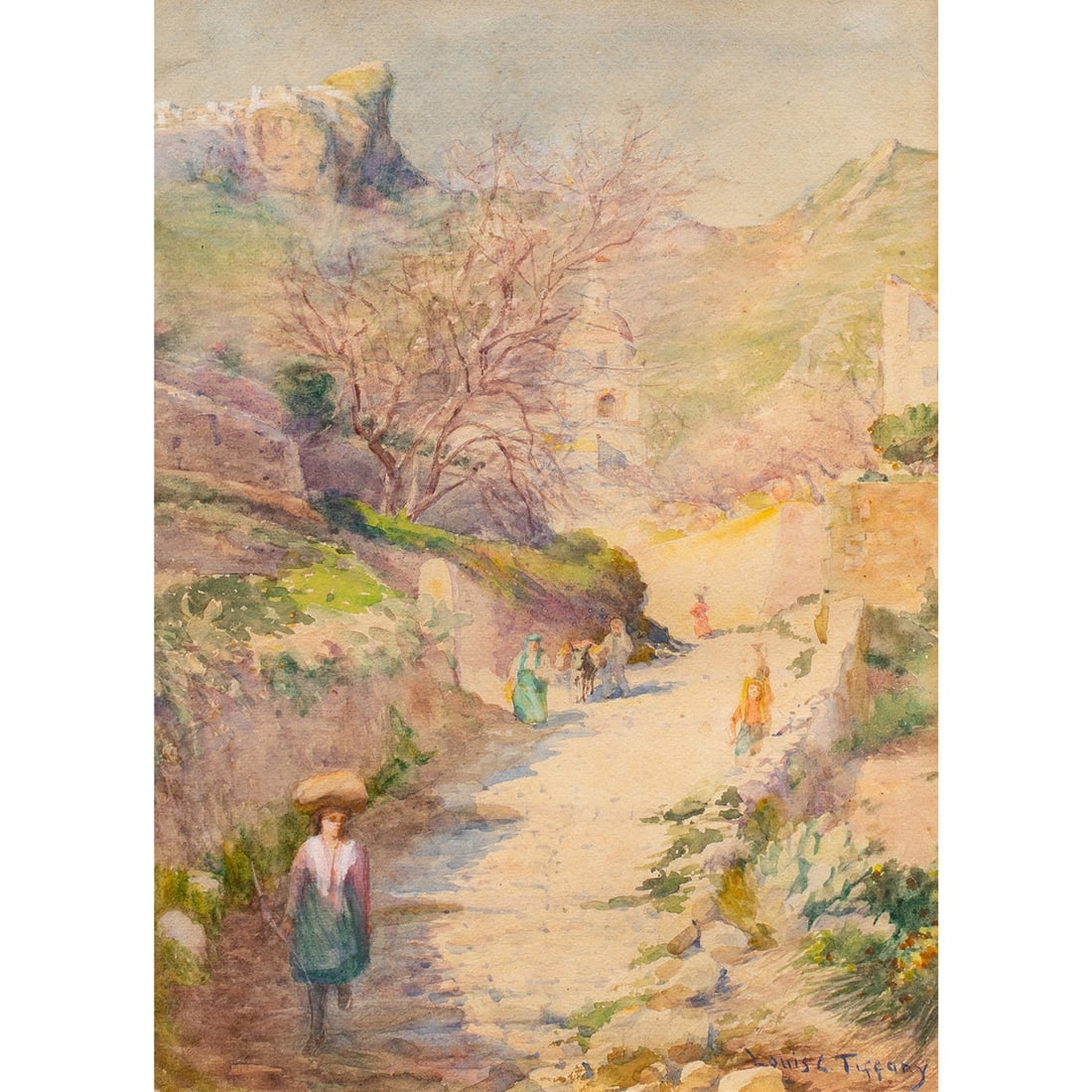 Watercolor, Louis Comfort Tiffany: Louis Comfort Tiffany (American, 1848-1933), "Near Roccabruna, Italy," 1874, watercolor, signed lower right, titled verso, sight: 14.75"h x 10.75"w, overall (with frame): 28.5"h x 24.5"w