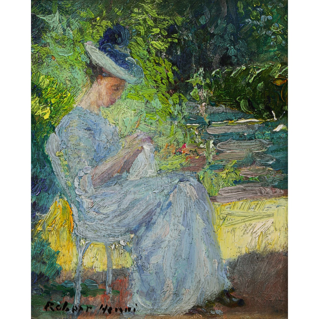 Painting, Robert Henri: Robert Henri (American, 1865-1929), Untitled (Sewing in the Garden), oil on board, signed lower left, board: 5.75"h x 5"w, overall (with frame): 14.25"h x 13.25"w