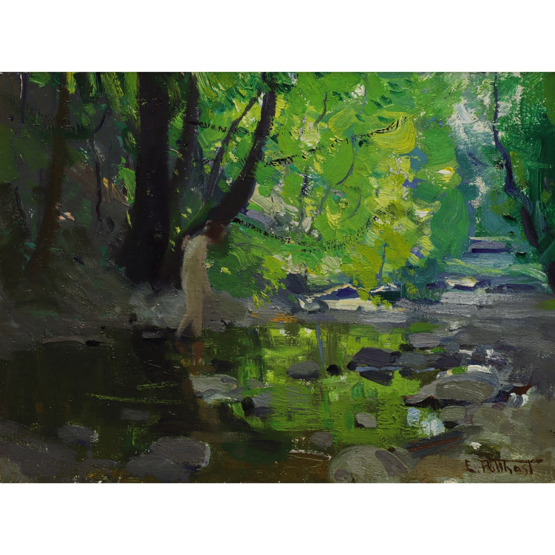 Painting, Edward Pottast: Edward Pottast (American, 1857-1927), Untitled (Nude in a Stream), oil on board, signed lower right, board: 12"h x 16"w, overall (with frame): 20"h x 24"w