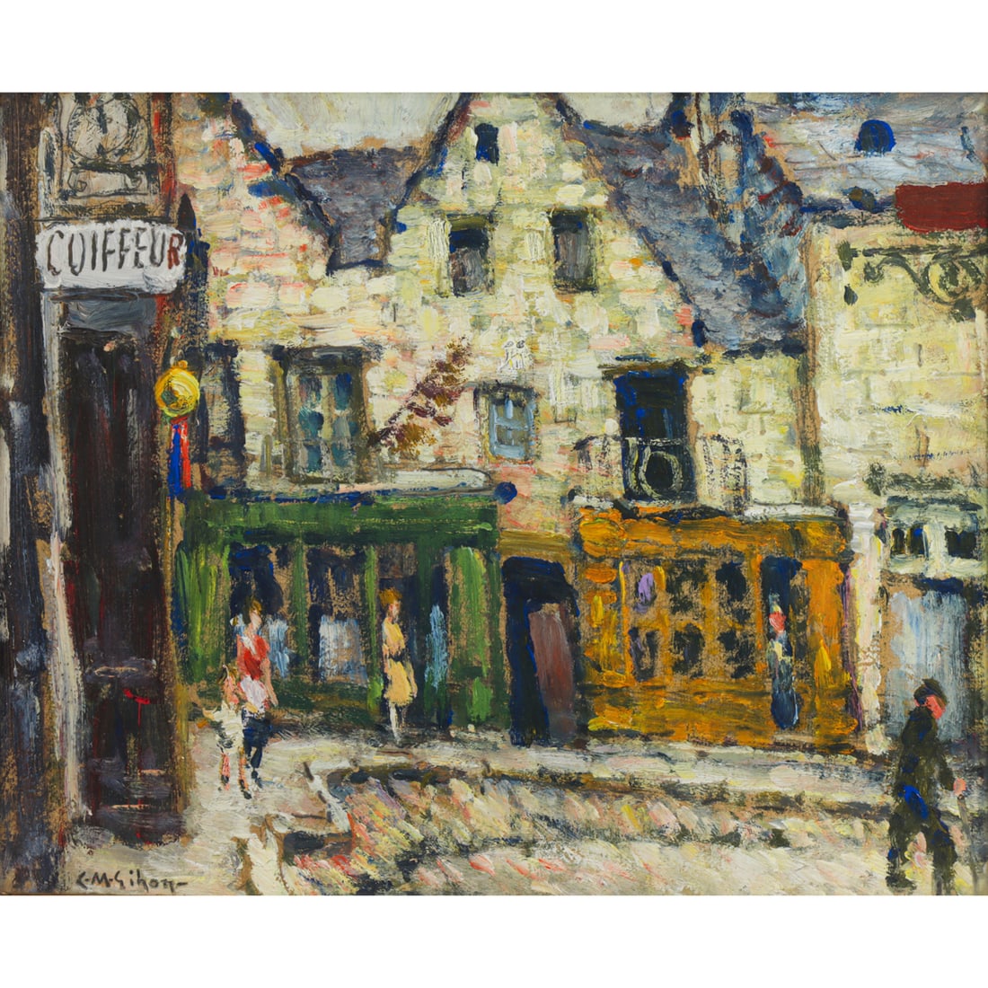 Painting, Clarence Gitton: Clarence Gitton (American, 1871-1929), "Maisons Du XVII Siecle a Chinon, Sudre-il Loire," oil on board, signed lower left, titled verso to backing paper, sight: 8.25"h x 10.25"w, overall (with frame):